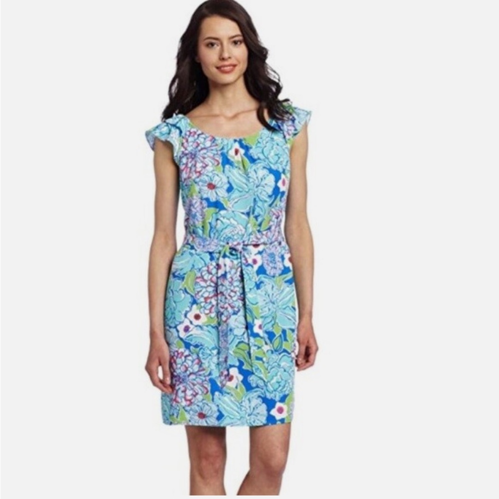 Lilly Pulitzer Maya Worth Blue May Flowers Floral Print Tie Waist Dress